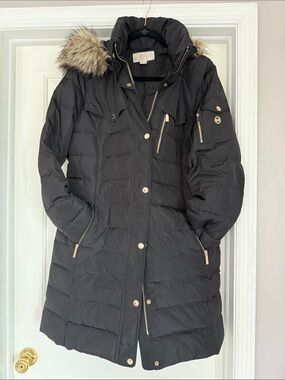 Micheal Kors Black Quilted Hooded Winter Coat with Faux Fur Trim
